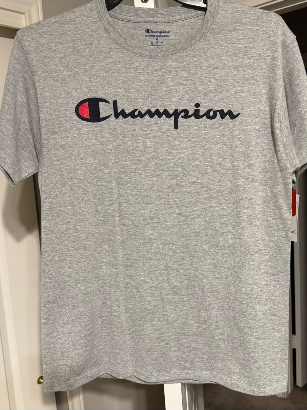 Champion Grey Tee with Navy Script and Red Accent